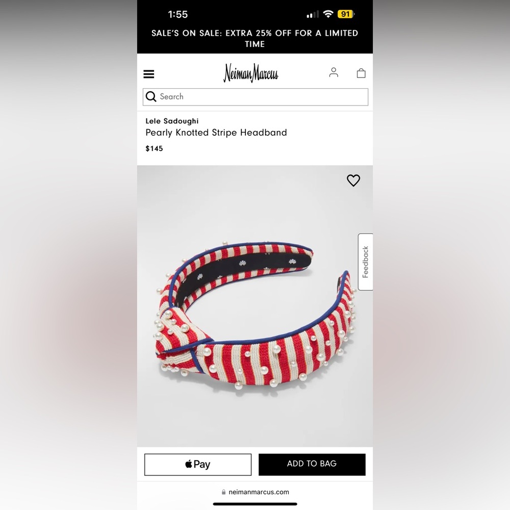 BNWT Lele Sadoughi Pearly Knotted Red Blue & White Stripe Headband $145 + $14tax